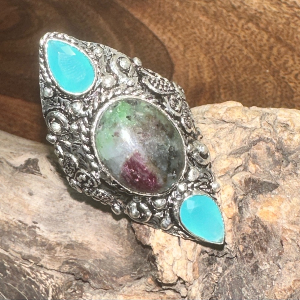 Gorgeous Ruby Zoisite + Blue Chalcedony Artisan handcrafted Renaissance Ring